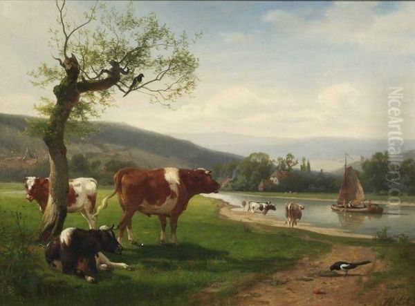 Weite Flusslandschaft Mit Kuhherde Oil Painting by Henry Lot