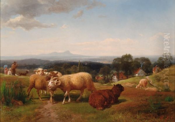 Meadow With Sheep Oil Painting by Henry Lot