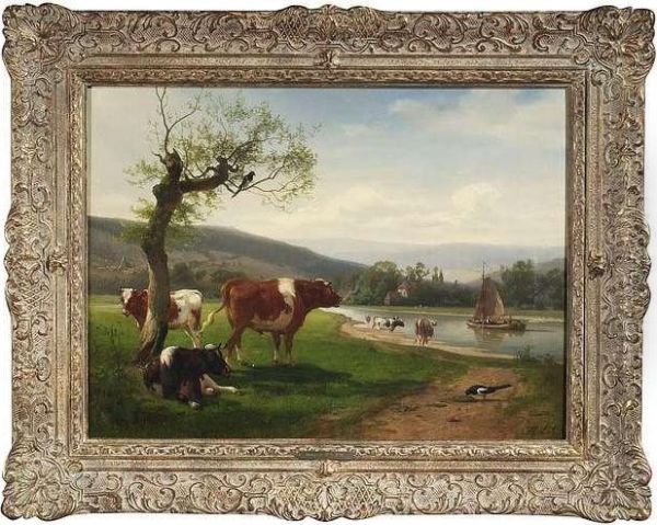 Extensiveriver-landscape With Cows Watering. Oil/canvas, Inscribed Oil Painting by Henry Lot