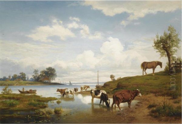 An Extensive River Landscape With Watering Cows Oil Painting by Henry Lot