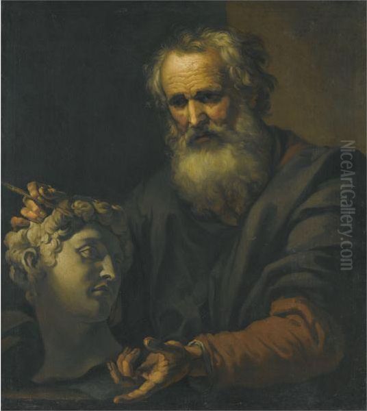 A Philosopher Deep In Thought Holding A Sculpted Head Oil Painting by Johann Karl Loth