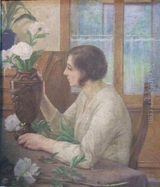 Femme Dressant Un Bouquet De Pivoines Blanches Oil Painting by R.L. Lotthe