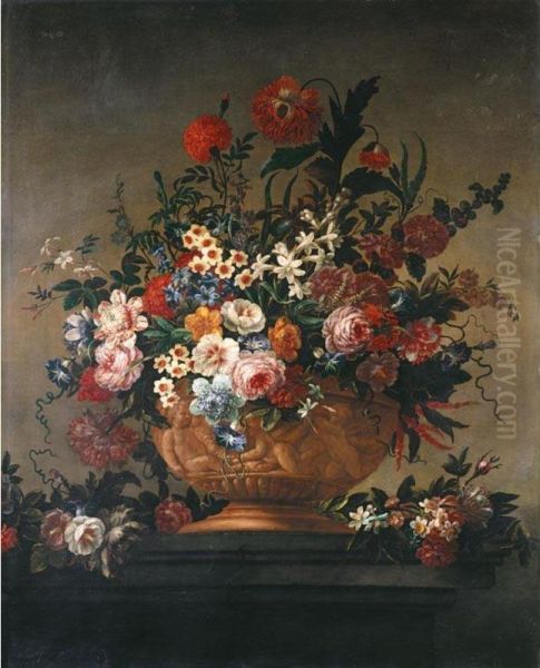 A Still Life Of Various Flowers In An Urn Resting On A Marble Ledge Oil Painting by Johannes Lotyn