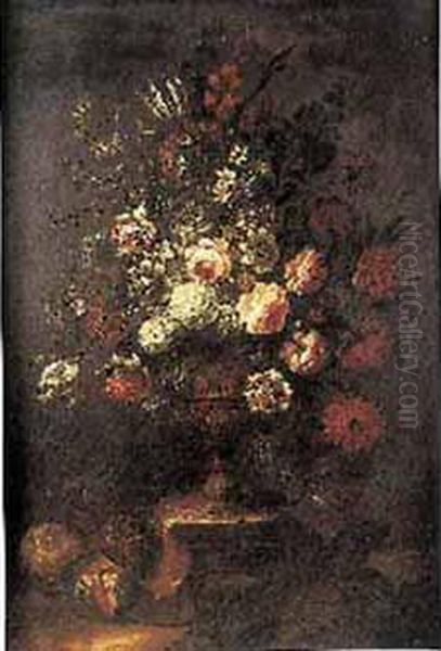 Bouquet De Fleurs Dans Un Vase En Bronze Sculpte Et Fruits Repandus Oil Painting by Johannes Lotyn