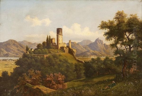 Romantischeflusslandschaft Mit Burgruine Auf Einer Anhohe Oil Painting by Edouard Hermann Lotz