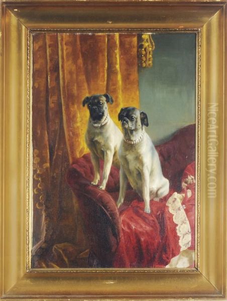 Two Pugs Seated On A Red Settee Oil Painting by Matilda Lotz