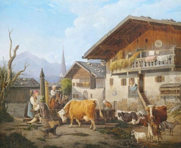 Am Dorfbrunnen Oil Painting by Moritz Eduard Lotze