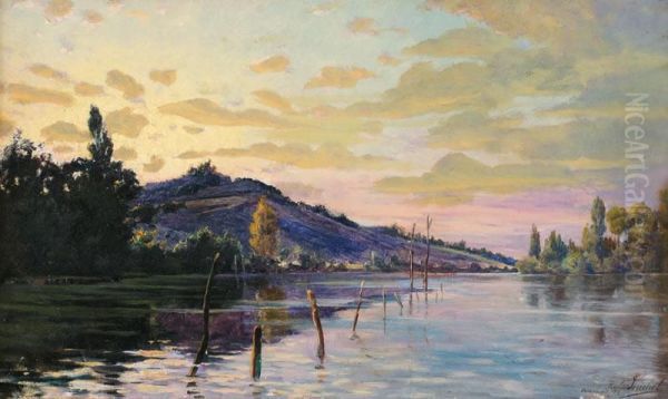 Coucher De Soleil Sur Un Fleuve Oil Painting by Paul Louchet