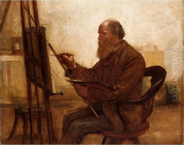 Self-portrait While Painting Oil Painting by Arthur Bertram Loud