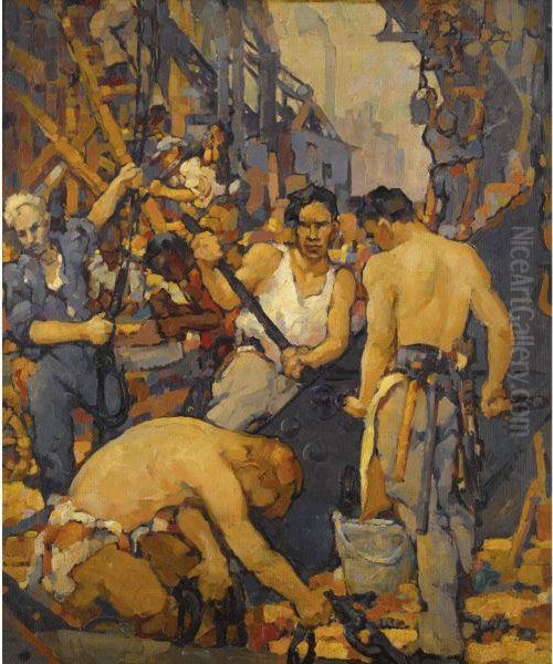 Construction Workers Oil Painting by Walt S. Louderback