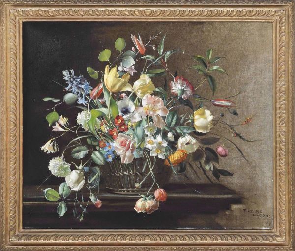 Tulips, Hyacinths, Fresias, Carnations, Narcissi, Roses, Anenomies And Primroses Arranged In A Wicker Basket On A Wooden Ledge Oil Painting by Terence Loudon