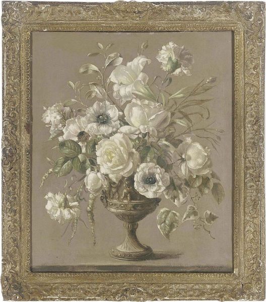 Roses, Carnations And A Lily In A Pewter Vase Oil Painting by Terence Loudon