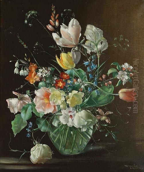 Still Life Of Flowers In A Glass Vase Oil Painting by Terence Loudon