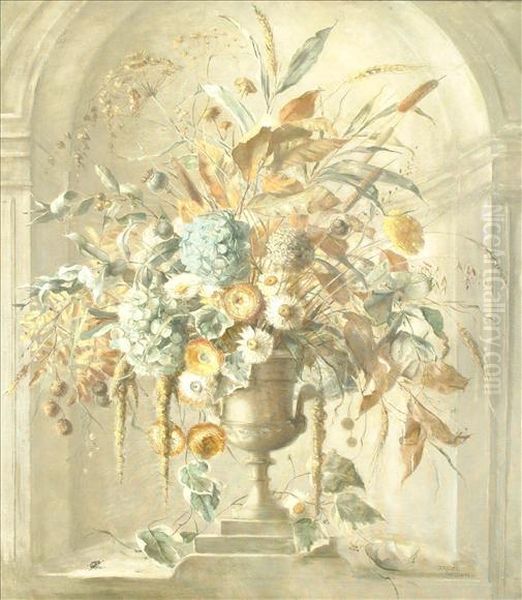 Still Life Ofmixed Flowers In An Urn Oil Painting by Terence Loudon