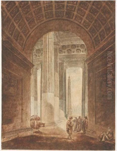 The Colonnade Of The Piazza Of Saint Peter's, Rome, With Theobelisk Seen Through An Arch Oil Painting by Victor Louis