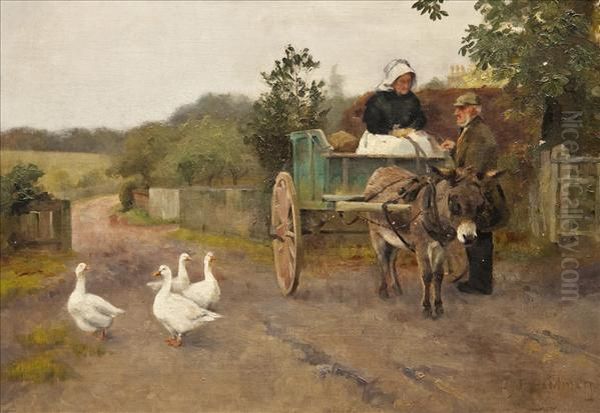 Donkey Andtrap With Farmers And Geese Oil Painting by Emma Louise Hardman