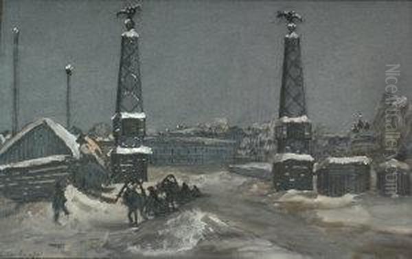 Industrial Scene In Winter At Twilight Oil Painting by Georgui Loukomski