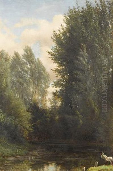 Flusspartie Im Wald Mit Storchen. Oil Painting by Jacques J. Leopold Loustau