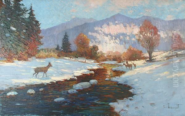 Deer By A Winter Stream Oil Painting by Edmond Louyot