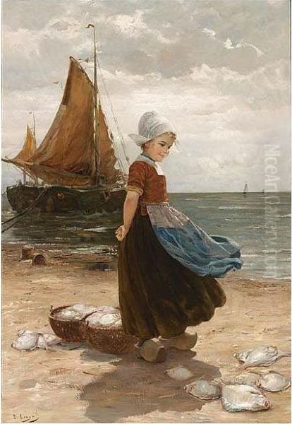 A Volendam Girl On The Beach Oil Painting by Edmond Louyot