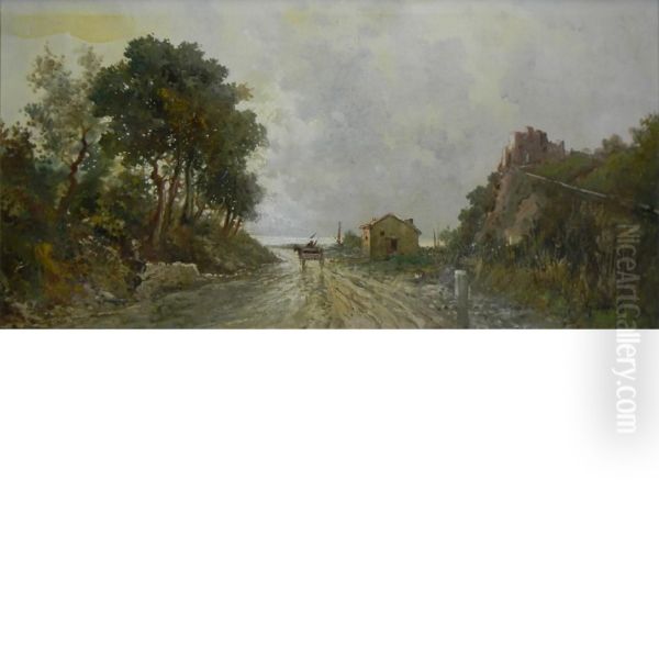 Traveler Along A Country Road Oil Painting by August Lovatti