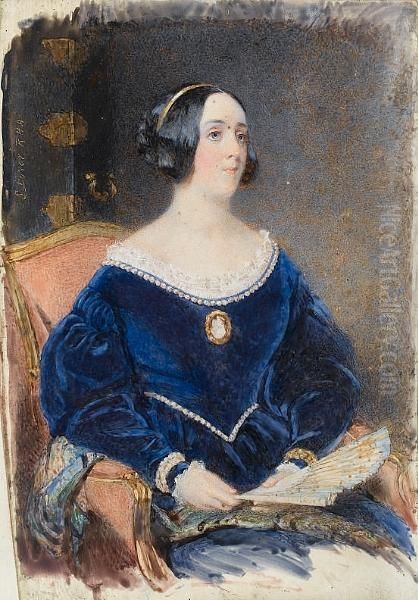 Lady Colebrooke, Seated Holding A Fan, Wearing Blue Dress With Pearl Decoration, Cameo At Her Corsage, White Underslip, Gold Strand Adorns Her Hair. Oil Painting by Samuel Lover