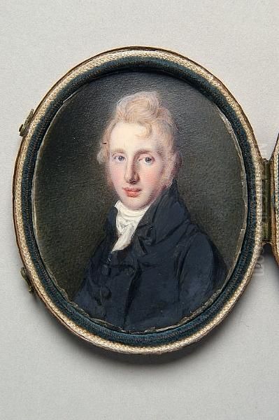 A Young Man With Fair Curling Hair And Blue Eyes, Wearing White Tied Stock And Black Coat Oil Painting by Samuel Lover