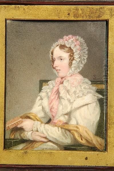 A Young Lady In Near Profile, Wearing A Lace-trimmed Bonnet And Comforter Adorned With Pink Ribbons, Over A White Gown And Gold Coloured Shawl, Seated And Holding A Book Oil Painting by Samuel Lover