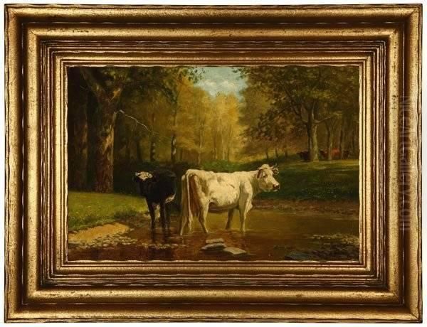 Two Cows Watering Oil Painting by Clinton Loveridge