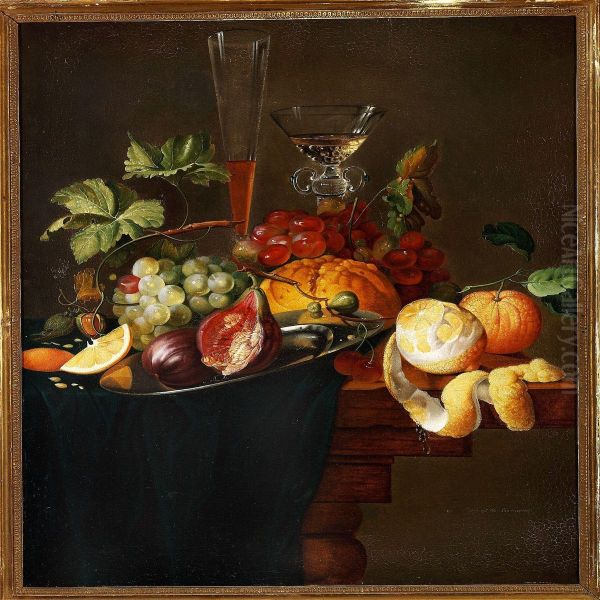 Still Life With Fruit, A Loaf Of Bread And Wineglasses On A Table Oil Painting by Christine Marie Lovmand