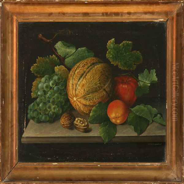 A Pair Of Still Lifes With Fruits On Stone Frames Oil Painting by Christine Marie Lovmand