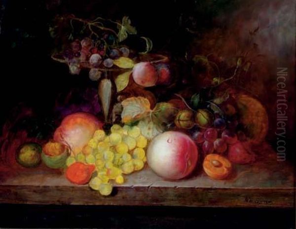 Still Life Of Fruits On A Table Oil Painting by Christine Marie Lovmand