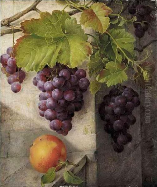 A Still Life With Grapes On A Vine And A Peach On A Stone Ledge Oil Painting by Christine Marie Lovmand