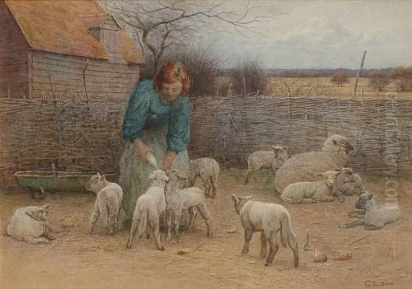 Feeding The Lambs Oil Painting by Charles Low