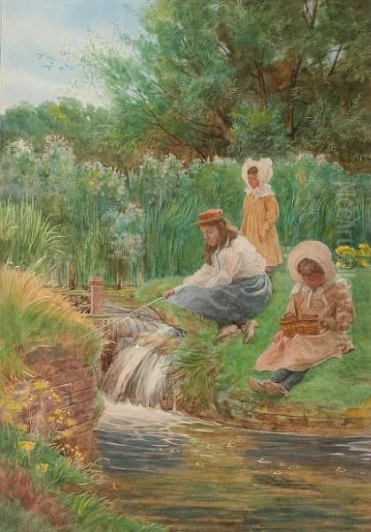 Children Fishing At A Stream Oil Painting by Charles Low