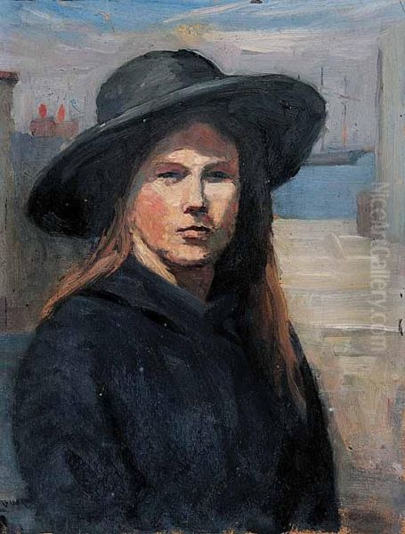 Untitled - Lady With The Black Fedora Oil Painting by Edward S. Lowe