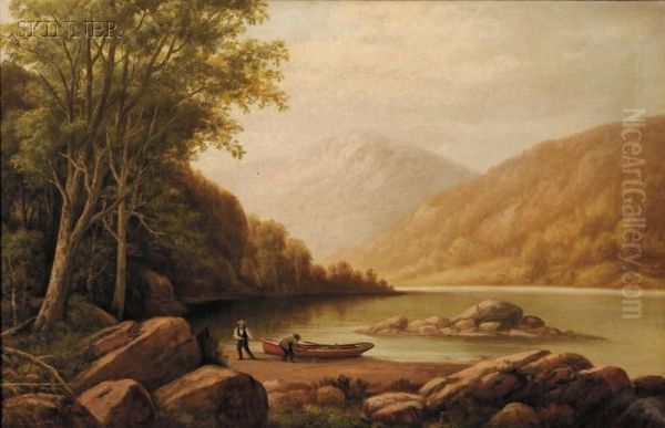 Figures On The River Bank Oil Painting by Lemuel L. Lowell