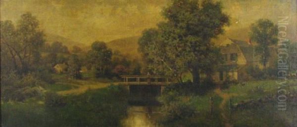 Landscape With Figure On Bridge Oil Painting by Milton H. Lowell