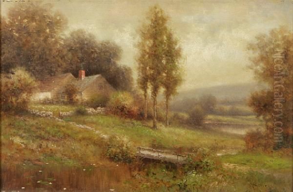 Cottage By A Lake Oil Painting by Milton H. Lowell