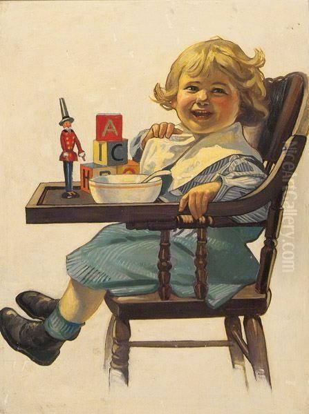 Toddler In High Chair With Blocks, Doll And Cereal Bowl. Oil Painting by Frederick Lowenheim