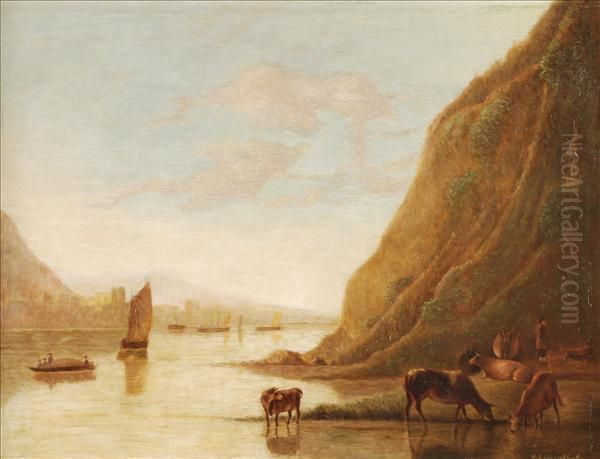 Estuary Scene With Cattle Watering Oil Painting by H Lowenthal