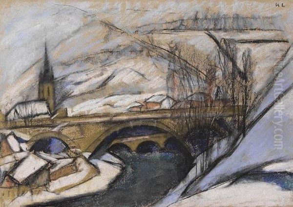 Winterlicher Gebirgsortmit Brucke Oil Painting by Kathe Lowenthal