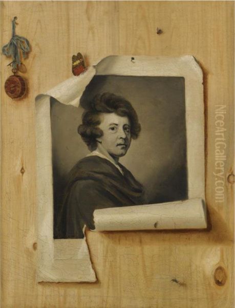 Trompe L'oeil With An Engraving Of The Self Portrait Of Sir Joshuareynolds's Oil Painting by Strickland Lowry