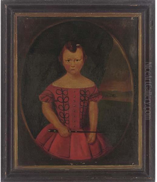 Portrait Of A Young Girl, Three-quarter-length, In A Red Dress Holding A Whip Before A Landscape Oil Painting by M. O. Lowther