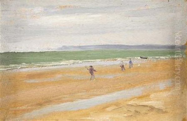 Figures On A Beach (mountain Landscape Verso) Oil Painting by Lowes Dalbiac Luard