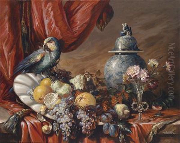 Still Life With Fruit, Parrots And Flowers Oil Painting by Max Luber