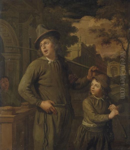 A Man Carrying A Stick And Kindling Crossing A Town Bridge With His Son Oil Painting by Christoffel Lubieniecki