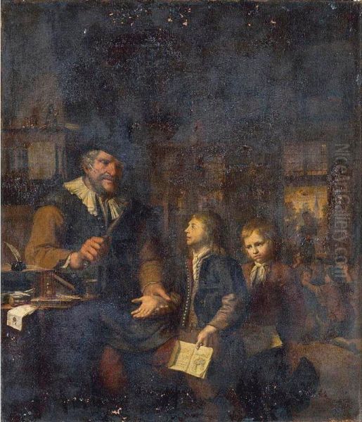 A Schoolmaster Chastising Two Boys Oil Painting by Christoffel Lubieniecki