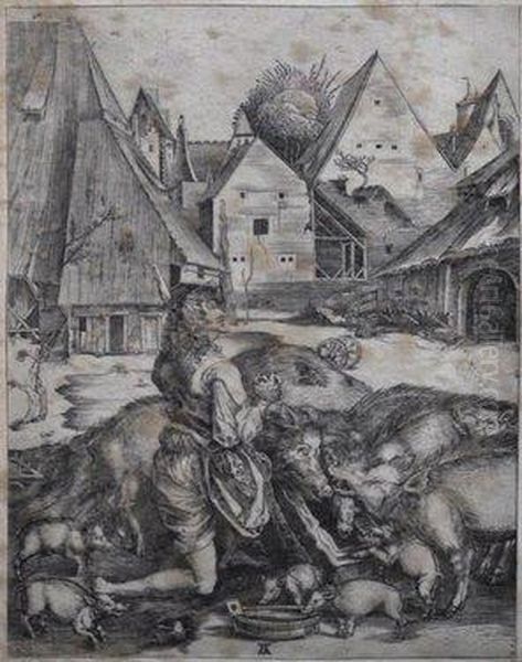 Feeding The Swine And Piglets Near Farm Buildings Oil Painting by Albert Durer Lucas