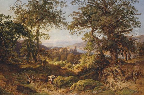 A Family Gathering Wood In The Hills Above Heidelberg Oil Painting by August Lucas